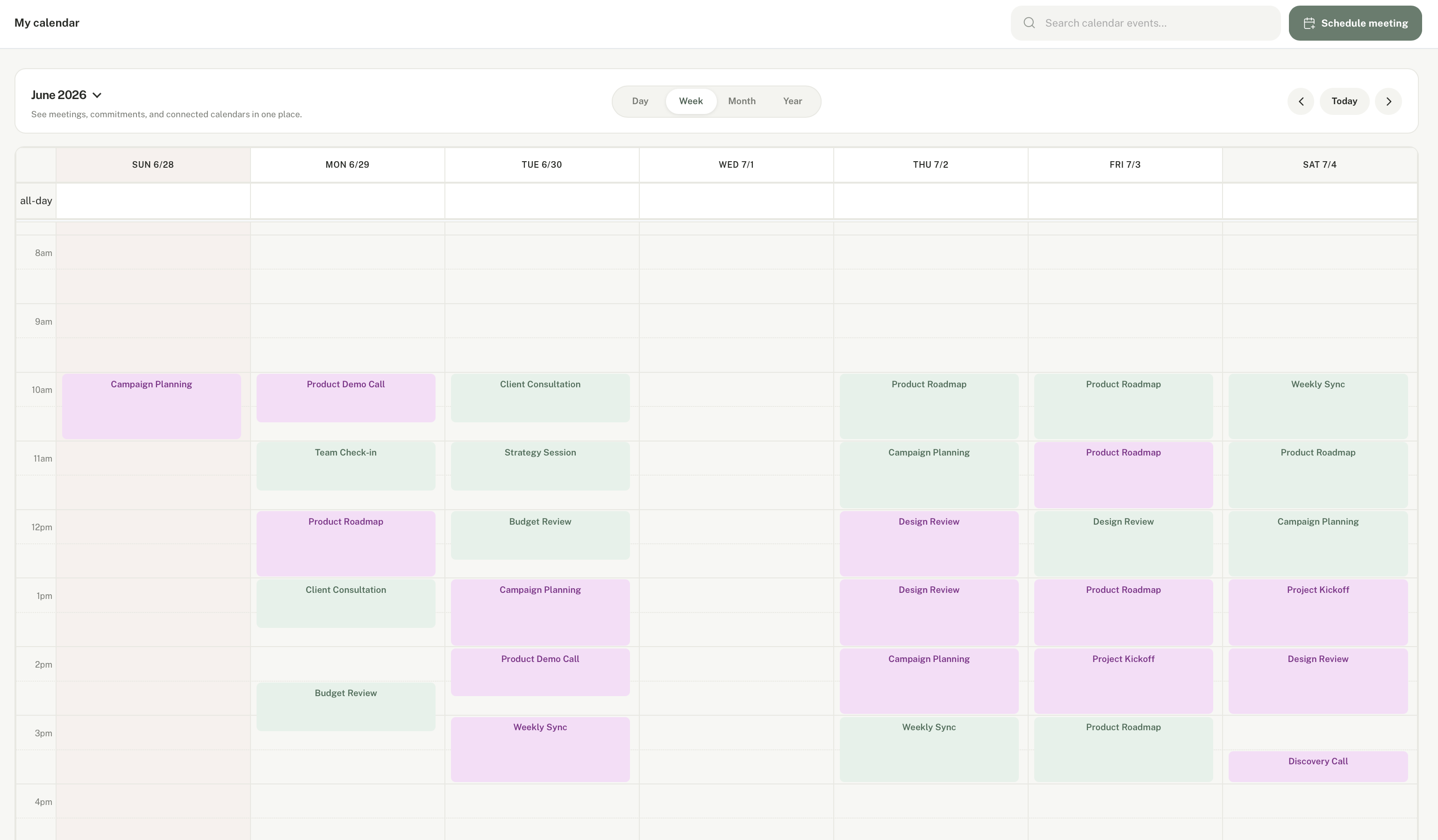 Timber Wolf weekly calendar showing availability and scheduled meetings