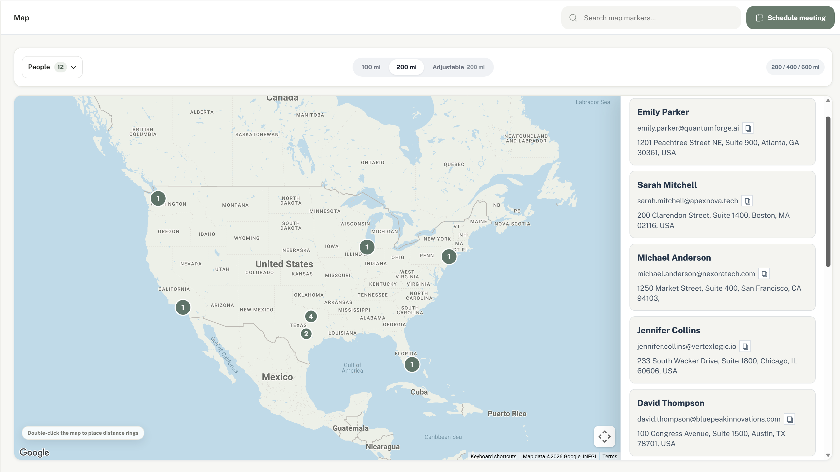 Contact map with the 200 mile radius selected