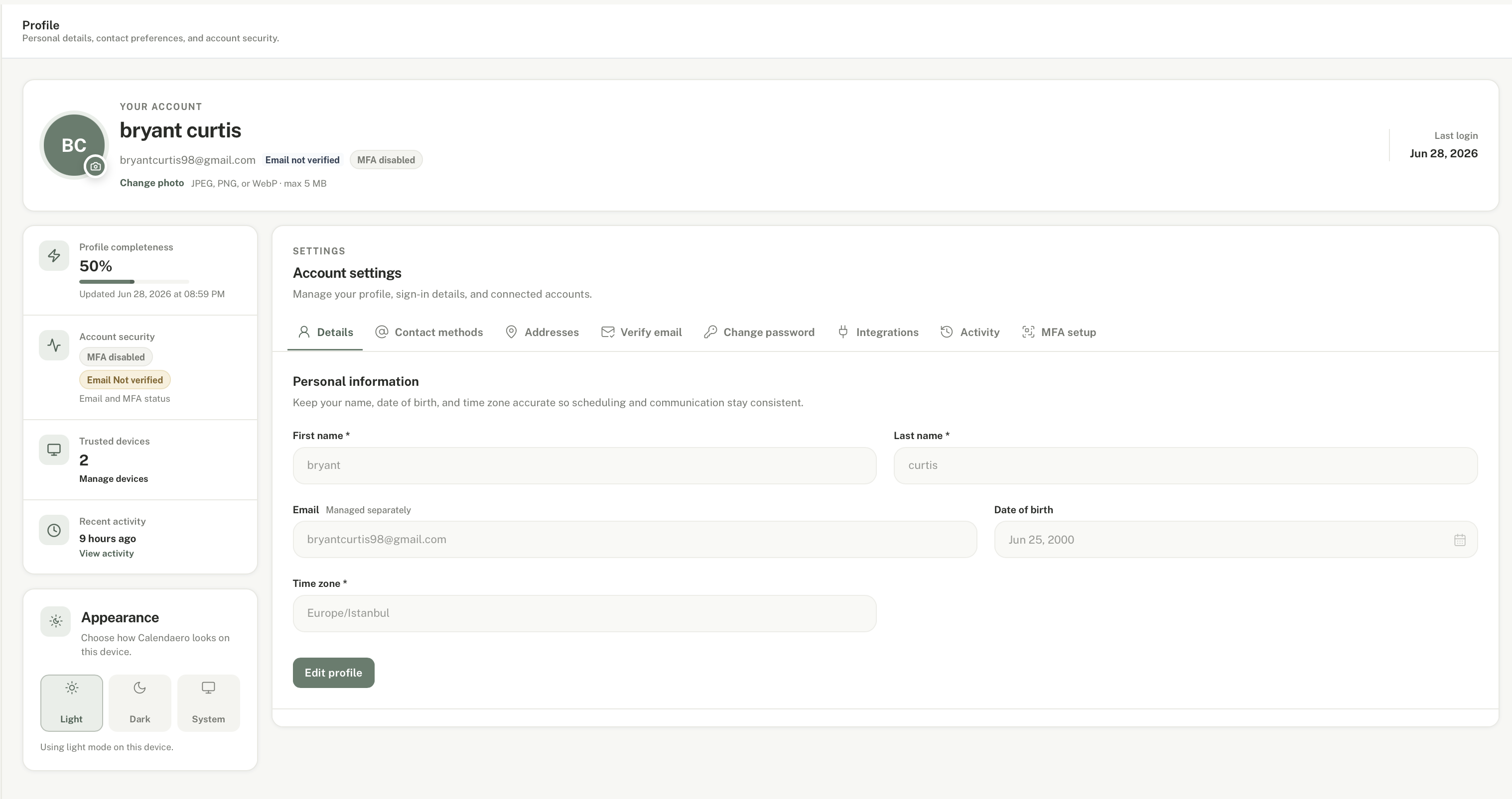 Profile details settings