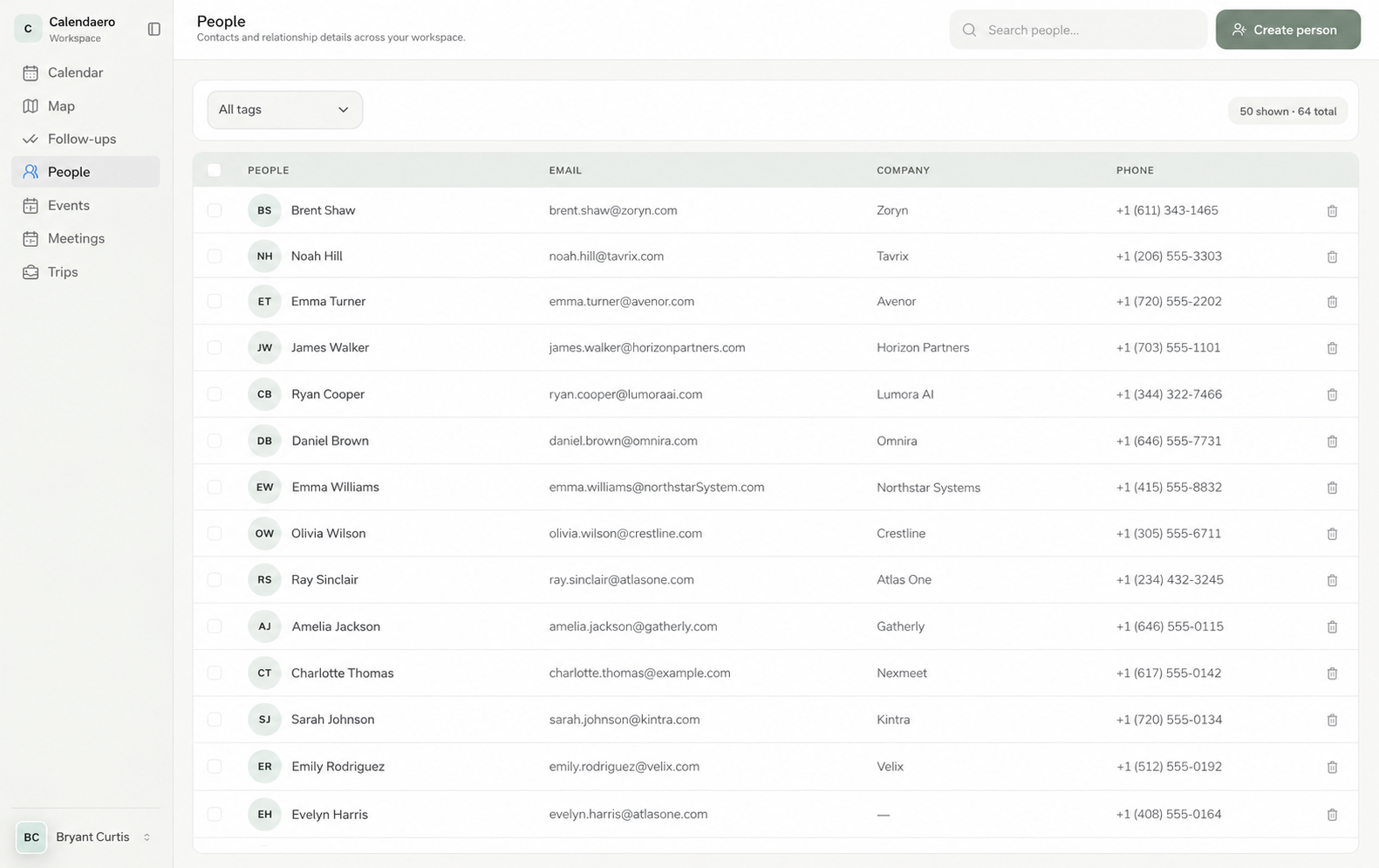 Timber Wolf contacts view showing contacts, email addresses, companies, phone numbers, search, and create person action.