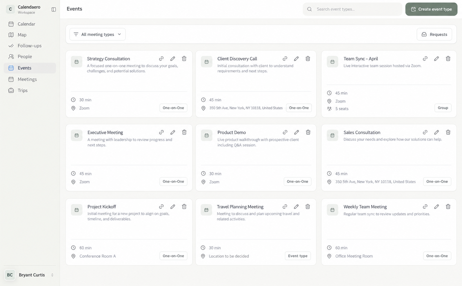 Timber Wolf events view showing reusable meeting types, search, requests, and create event type action.