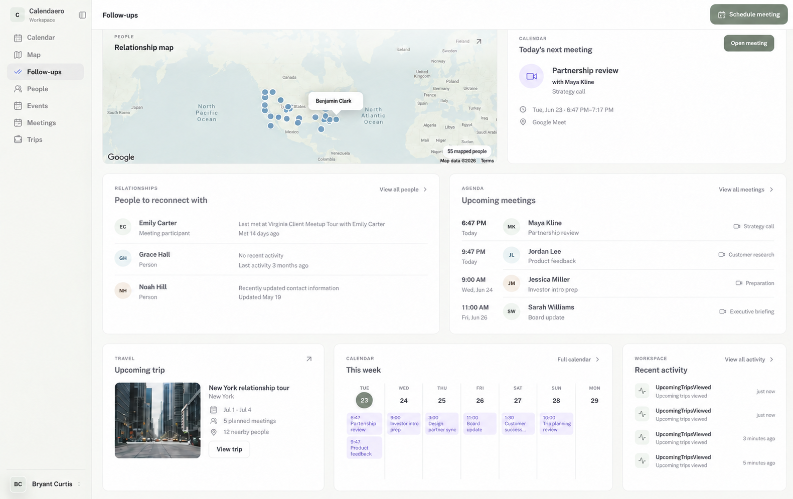 Timber Wolf follow-ups dashboard showing relationship map, next meeting, reconnect suggestions, upcoming meetings, trip, weekly calendar, and recent activity.