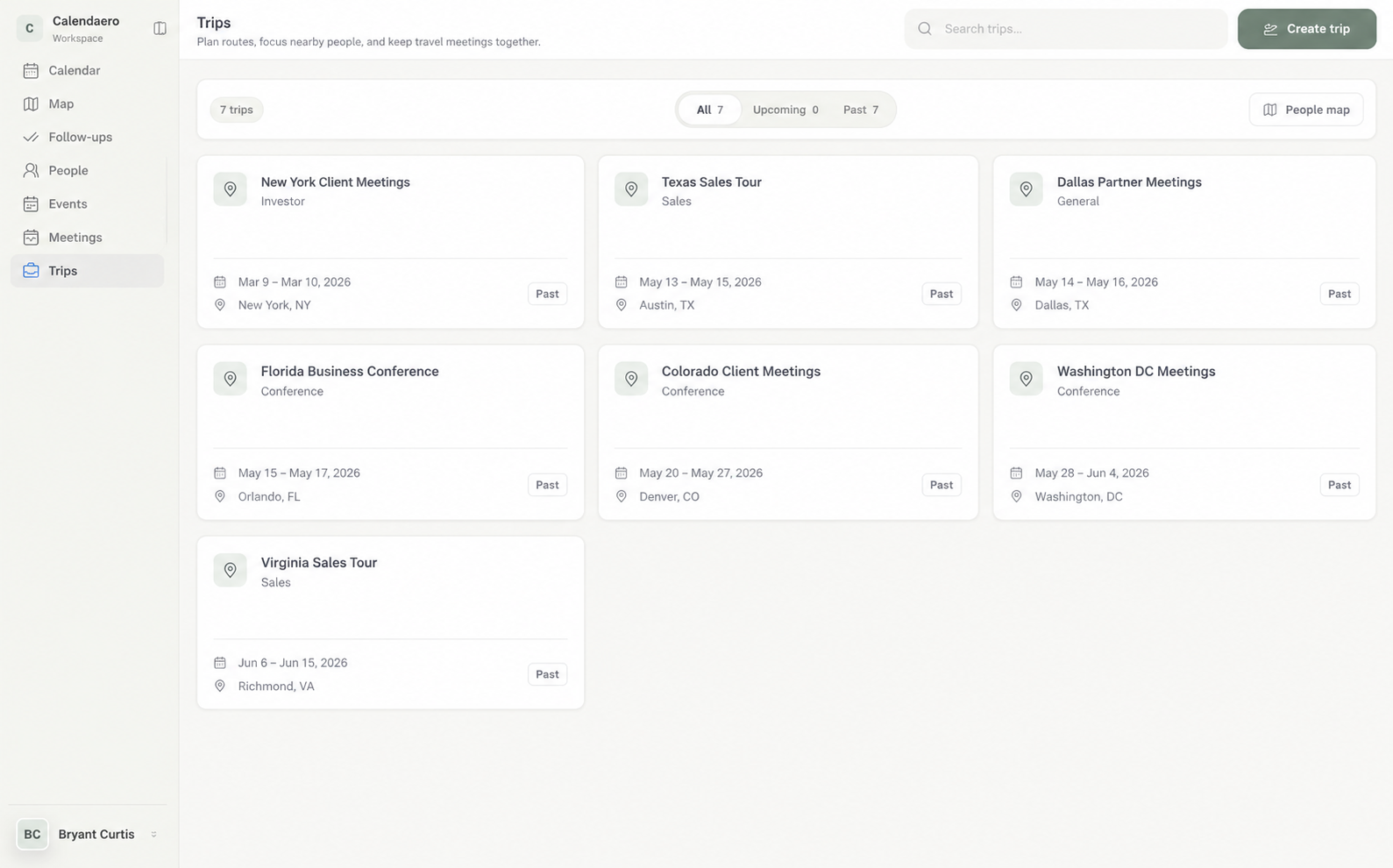 Timber Wolf trips view showing trip cards, search, filters, create trip action, and contacts map access.